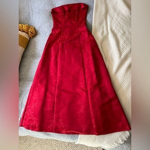 Strapless red brocade full length gown